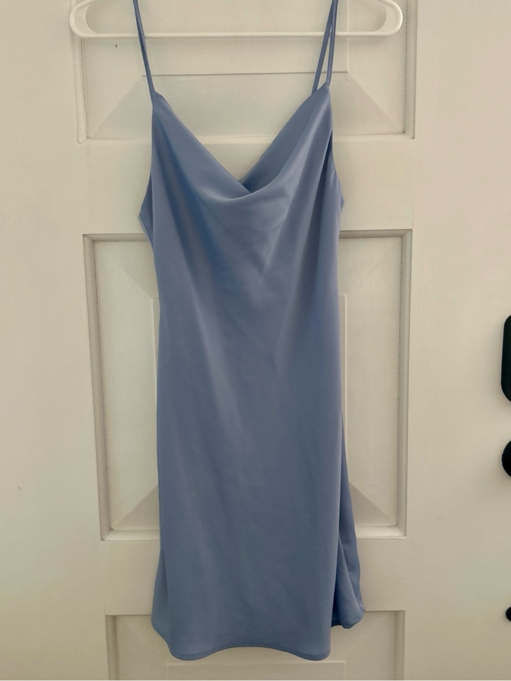 Dusty Blue Cowl Neck Slip Dress Wedding Guest Cocktail Attire